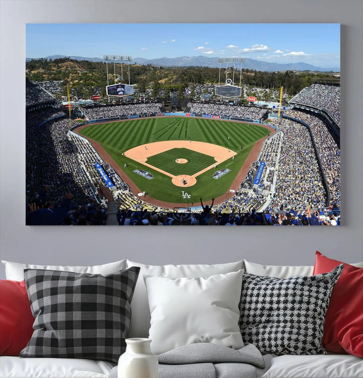 This Los Angeles Dodgers Dodger Stadium Wall Art Canvas Print vividly captures the vibrant atmosphere of a bustling baseball stadium and its lush green field from above. The gallery-quality finish ensures it makes a bold statement.