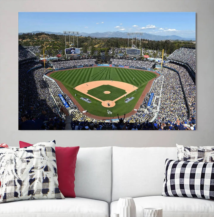 This Los Angeles Dodgers Dodger Stadium Wall Art Canvas Print vividly captures the vibrant atmosphere of a bustling baseball stadium and its lush green field from above. The gallery-quality finish ensures it makes a bold statement.