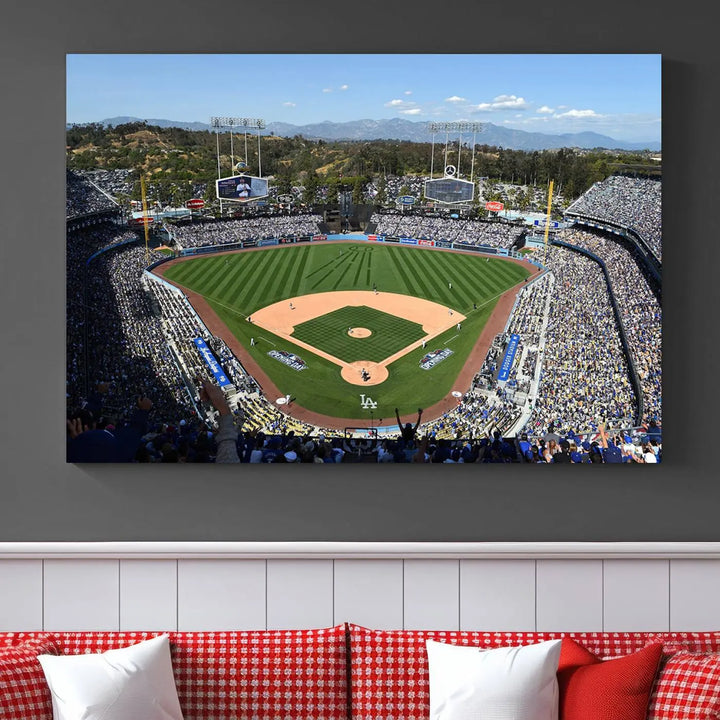 This Los Angeles Dodgers Dodger Stadium Wall Art Canvas Print vividly captures the vibrant atmosphere of a bustling baseball stadium and its lush green field from above. The gallery-quality finish ensures it makes a bold statement.