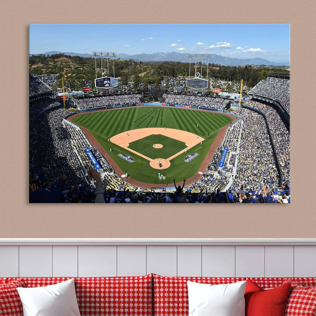 This Los Angeles Dodgers Dodger Stadium Wall Art Canvas Print vividly captures the vibrant atmosphere of a bustling baseball stadium and its lush green field from above. The gallery-quality finish ensures it makes a bold statement.