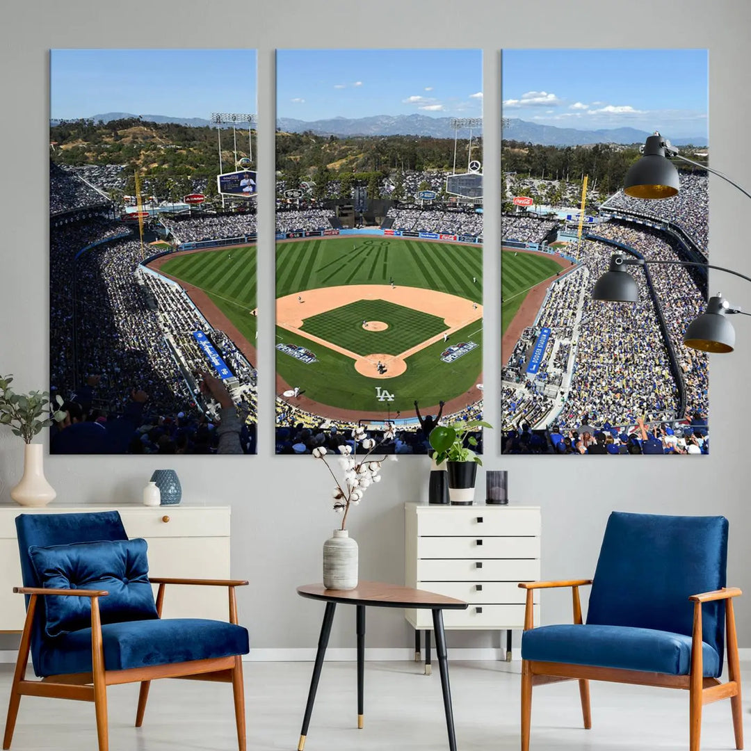 This Los Angeles Dodgers Dodger Stadium Wall Art Canvas Print vividly captures the vibrant atmosphere of a bustling baseball stadium and its lush green field from above. The gallery-quality finish ensures it makes a bold statement.