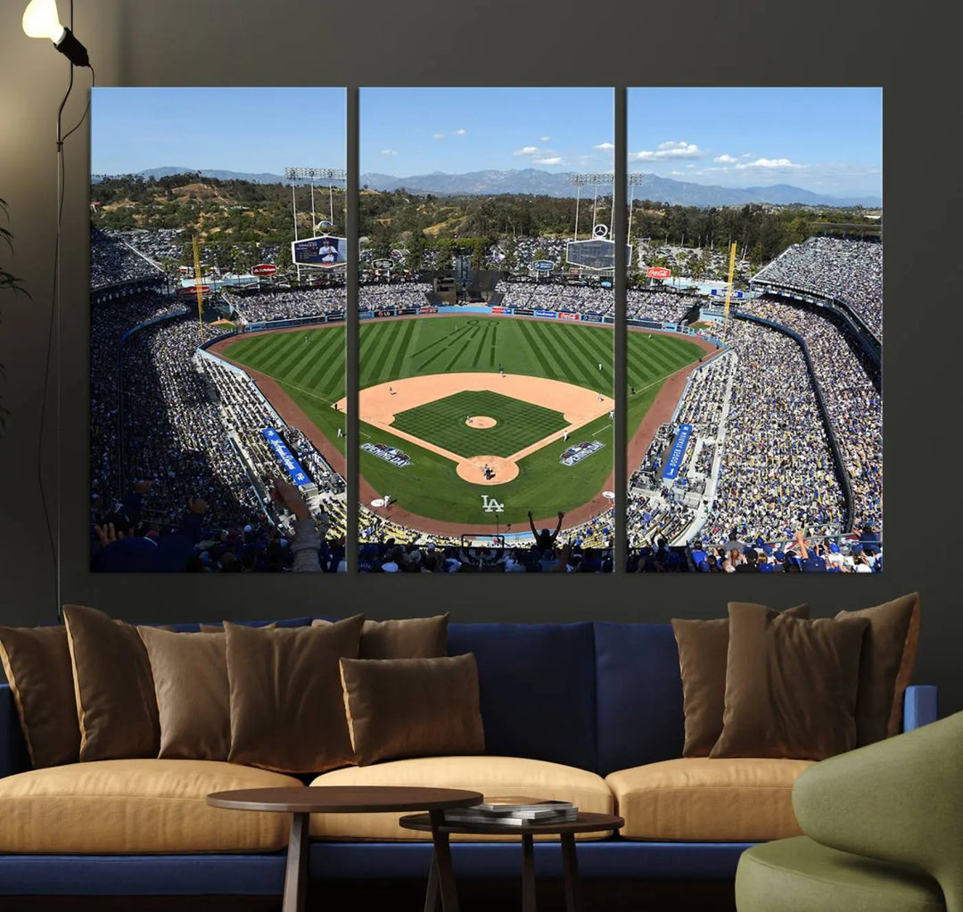 This Los Angeles Dodgers Dodger Stadium Wall Art Canvas Print vividly captures the vibrant atmosphere of a bustling baseball stadium and its lush green field from above. The gallery-quality finish ensures it makes a bold statement.