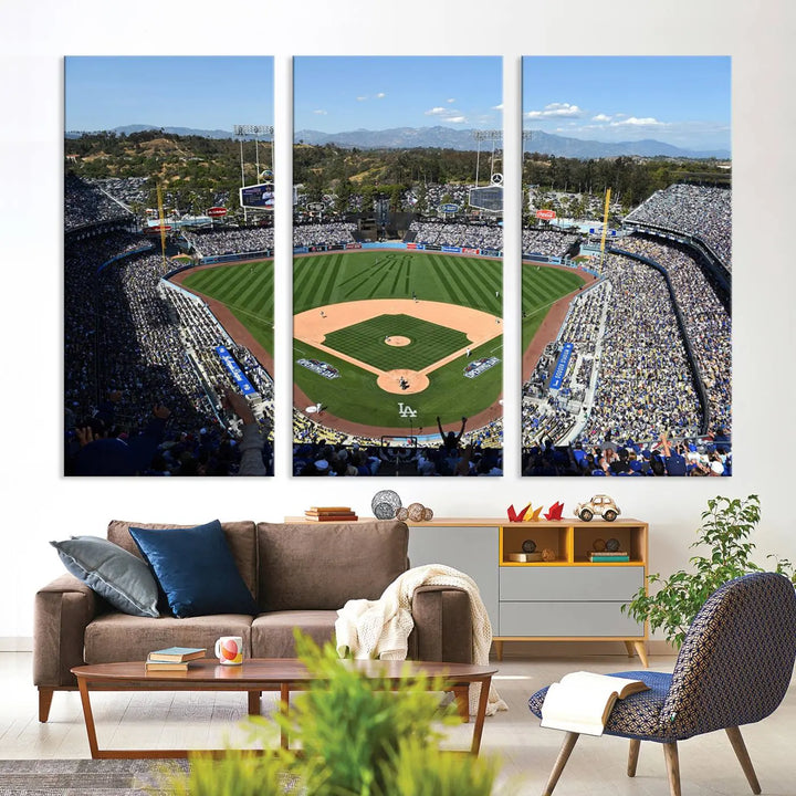 This Los Angeles Dodgers Dodger Stadium Wall Art Canvas Print vividly captures the vibrant atmosphere of a bustling baseball stadium and its lush green field from above. The gallery-quality finish ensures it makes a bold statement.