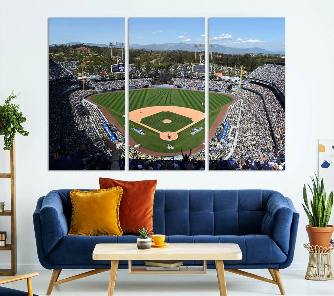 This Los Angeles Dodgers Dodger Stadium Wall Art Canvas Print vividly captures the vibrant atmosphere of a bustling baseball stadium and its lush green field from above. The gallery-quality finish ensures it makes a bold statement.