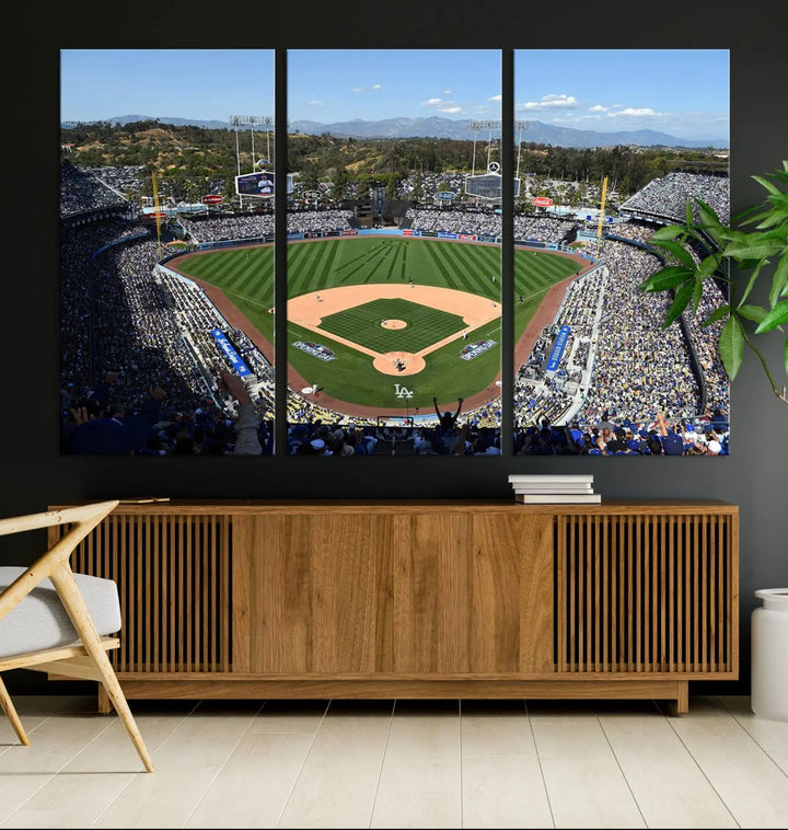 This Los Angeles Dodgers Dodger Stadium Wall Art Canvas Print vividly captures the vibrant atmosphere of a bustling baseball stadium and its lush green field from above. The gallery-quality finish ensures it makes a bold statement.