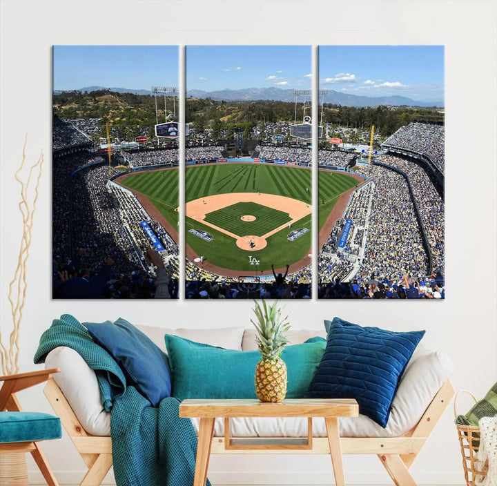 This Los Angeles Dodgers Dodger Stadium Wall Art Canvas Print vividly captures the vibrant atmosphere of a bustling baseball stadium and its lush green field from above. The gallery-quality finish ensures it makes a bold statement.