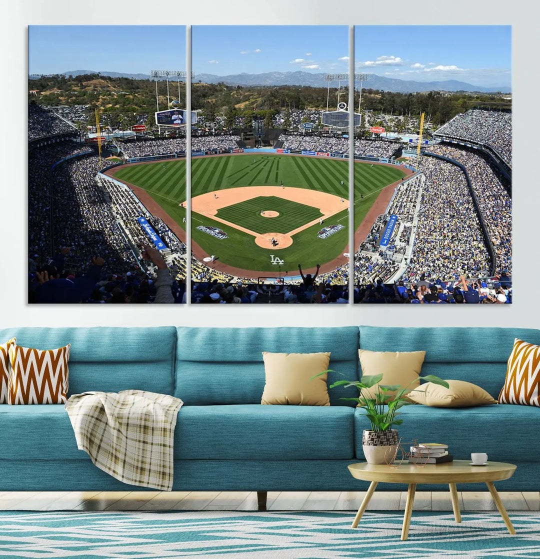 This Los Angeles Dodgers Dodger Stadium Wall Art Canvas Print vividly captures the vibrant atmosphere of a bustling baseball stadium and its lush green field from above. The gallery-quality finish ensures it makes a bold statement.