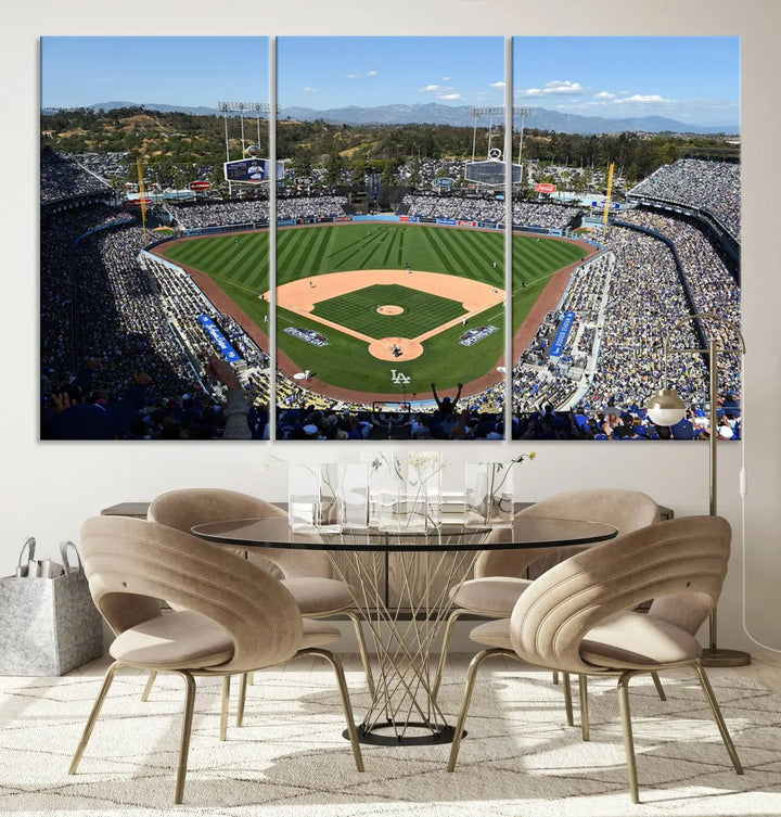 This Los Angeles Dodgers Dodger Stadium Wall Art Canvas Print vividly captures the vibrant atmosphere of a bustling baseball stadium and its lush green field from above. The gallery-quality finish ensures it makes a bold statement.