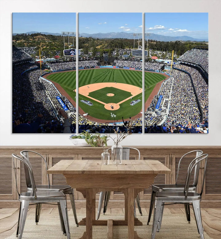 This Los Angeles Dodgers Dodger Stadium Wall Art Canvas Print vividly captures the vibrant atmosphere of a bustling baseball stadium and its lush green field from above. The gallery-quality finish ensures it makes a bold statement.