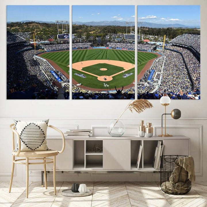 This Los Angeles Dodgers Dodger Stadium Wall Art Canvas Print vividly captures the vibrant atmosphere of a bustling baseball stadium and its lush green field from above. The gallery-quality finish ensures it makes a bold statement.