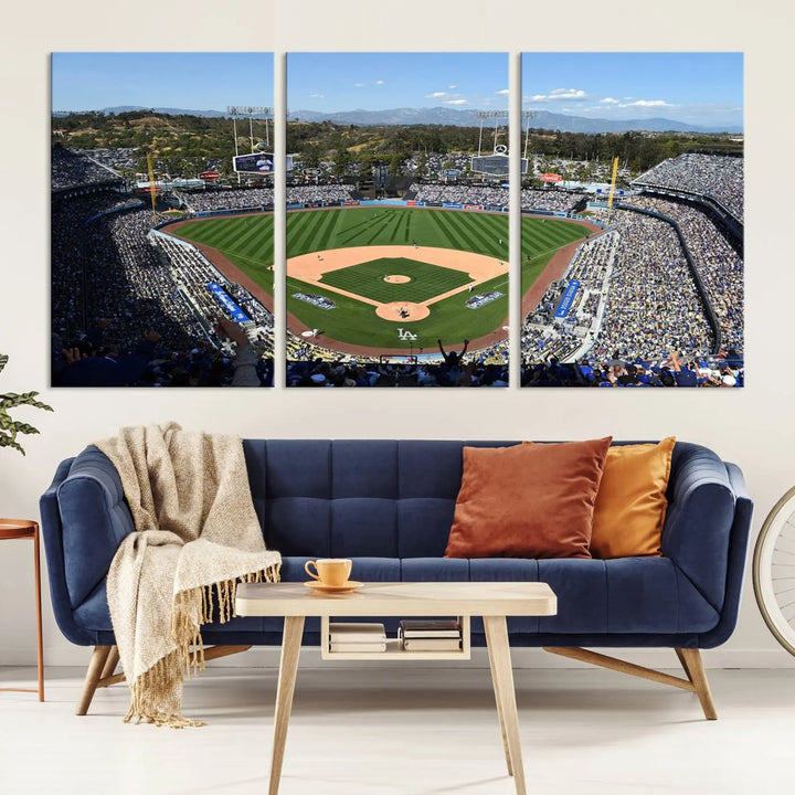 This Los Angeles Dodgers Dodger Stadium Wall Art Canvas Print vividly captures the vibrant atmosphere of a bustling baseball stadium and its lush green field from above. The gallery-quality finish ensures it makes a bold statement.