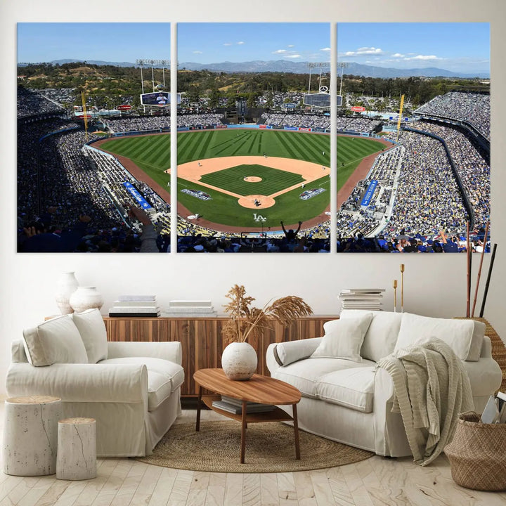 This Los Angeles Dodgers Dodger Stadium Wall Art Canvas Print vividly captures the vibrant atmosphere of a bustling baseball stadium and its lush green field from above. The gallery-quality finish ensures it makes a bold statement.