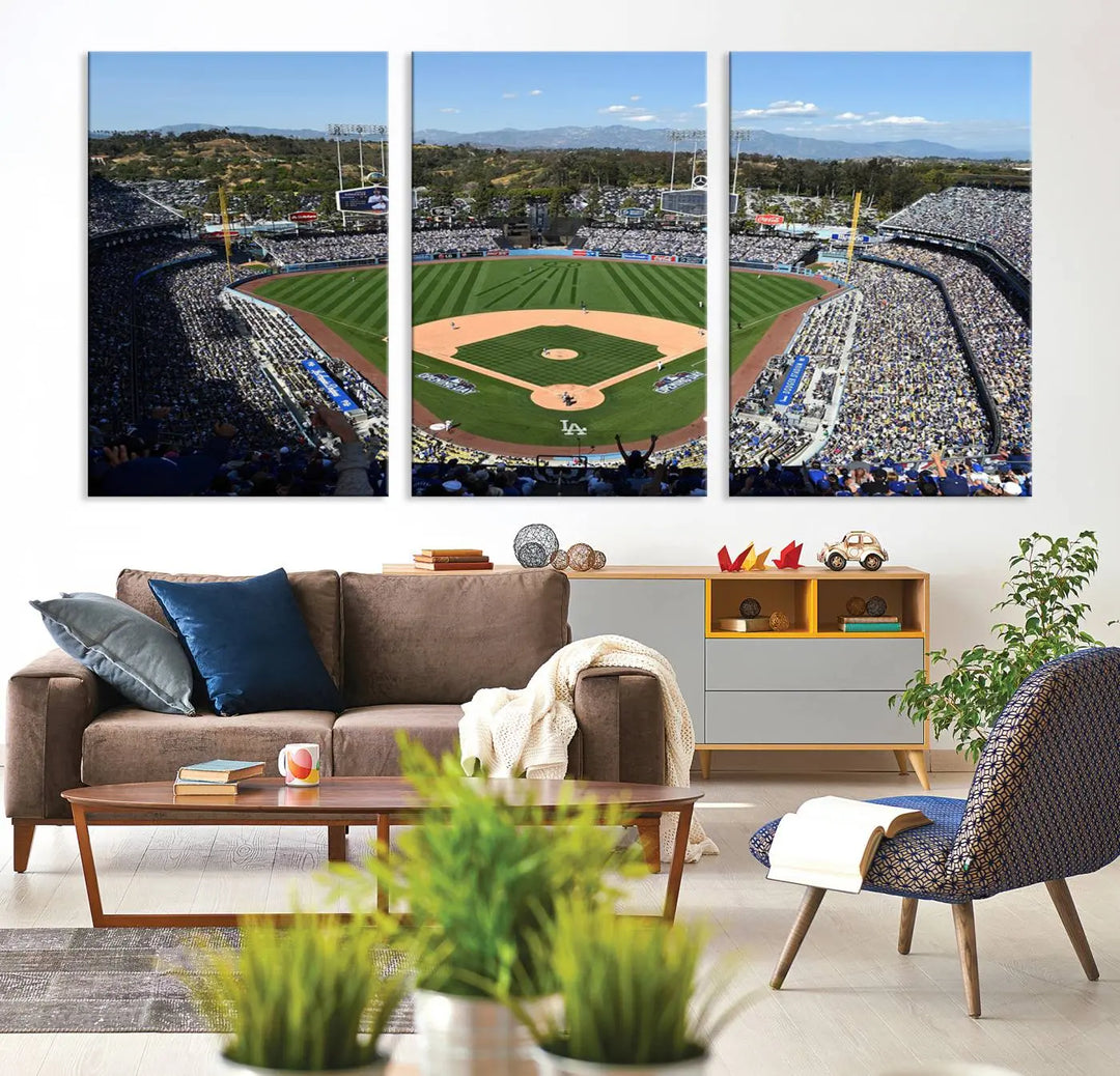 This Los Angeles Dodgers Dodger Stadium Wall Art Canvas Print vividly captures the vibrant atmosphere of a bustling baseball stadium and its lush green field from above. The gallery-quality finish ensures it makes a bold statement.