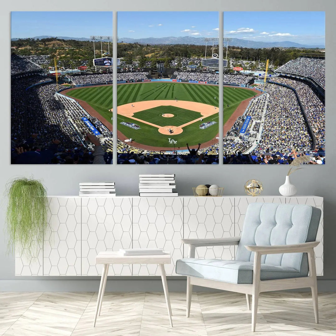 This Los Angeles Dodgers Dodger Stadium Wall Art Canvas Print vividly captures the vibrant atmosphere of a bustling baseball stadium and its lush green field from above. The gallery-quality finish ensures it makes a bold statement.