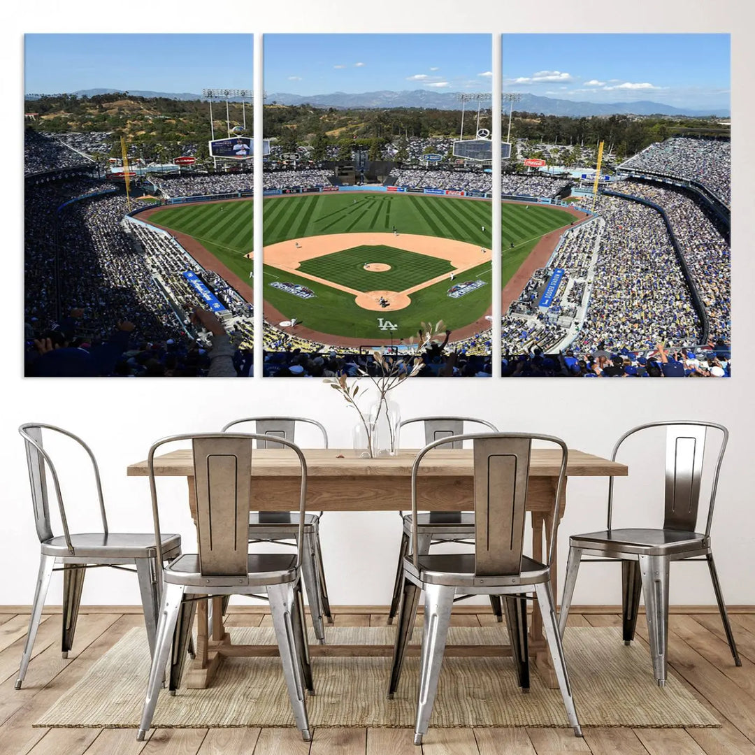 This Los Angeles Dodgers Dodger Stadium Wall Art Canvas Print vividly captures the vibrant atmosphere of a bustling baseball stadium and its lush green field from above. The gallery-quality finish ensures it makes a bold statement.