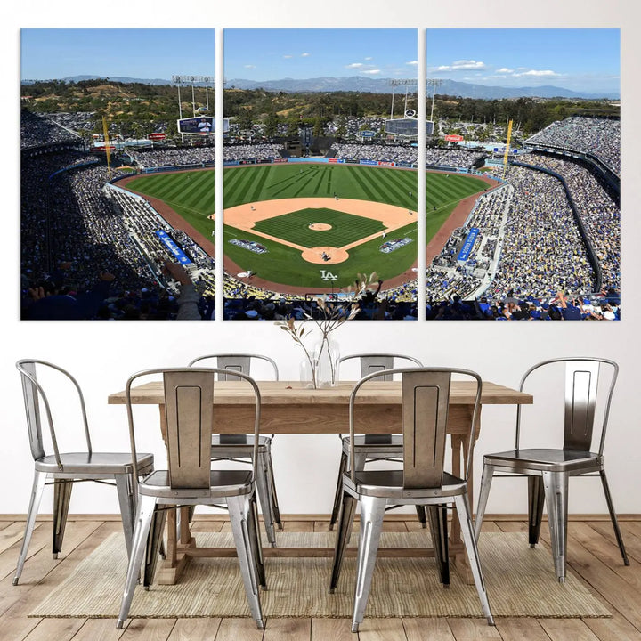 This Los Angeles Dodgers Dodger Stadium Wall Art Canvas Print vividly captures the vibrant atmosphere of a bustling baseball stadium and its lush green field from above. The gallery-quality finish ensures it makes a bold statement.