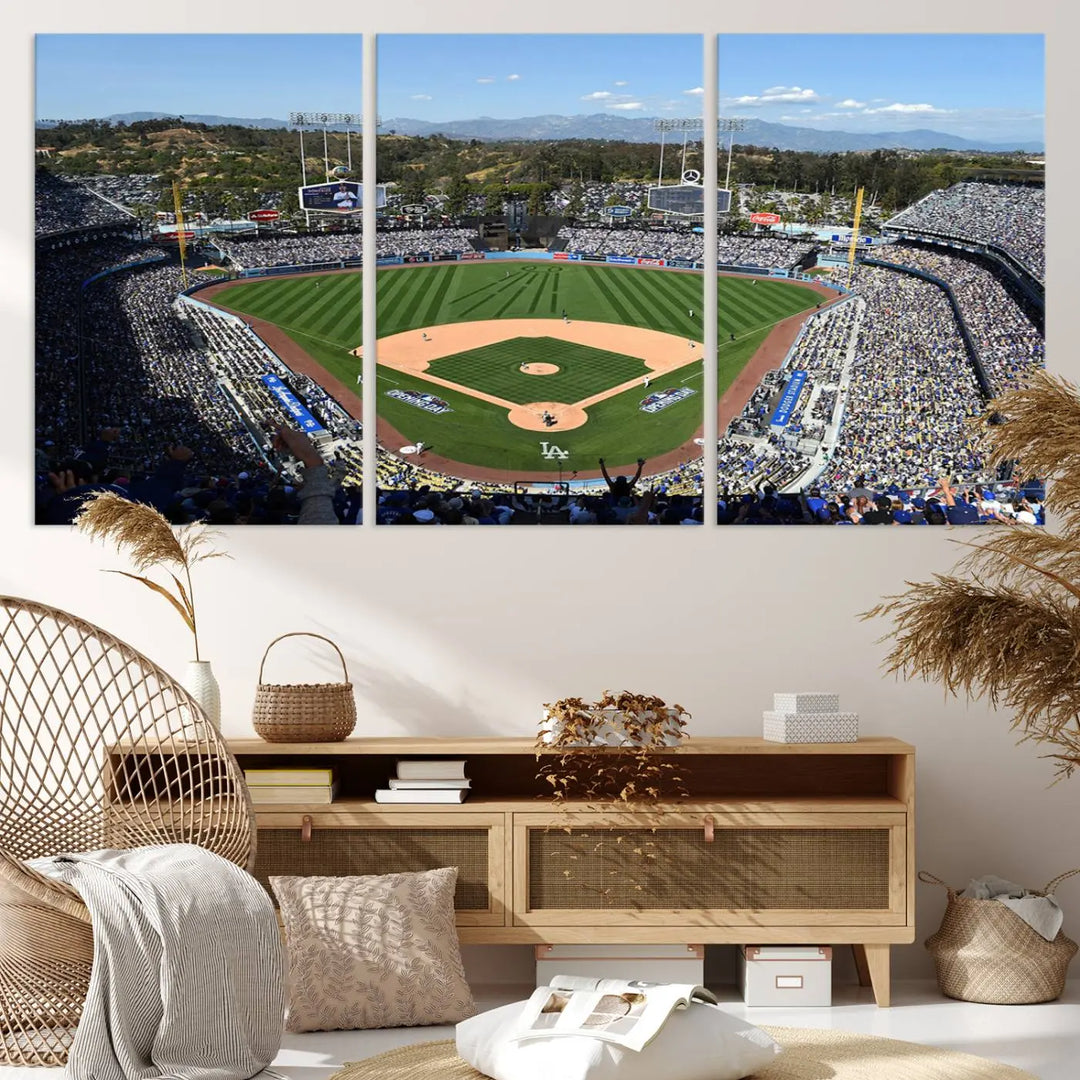 This Los Angeles Dodgers Dodger Stadium Wall Art Canvas Print vividly captures the vibrant atmosphere of a bustling baseball stadium and its lush green field from above. The gallery-quality finish ensures it makes a bold statement.