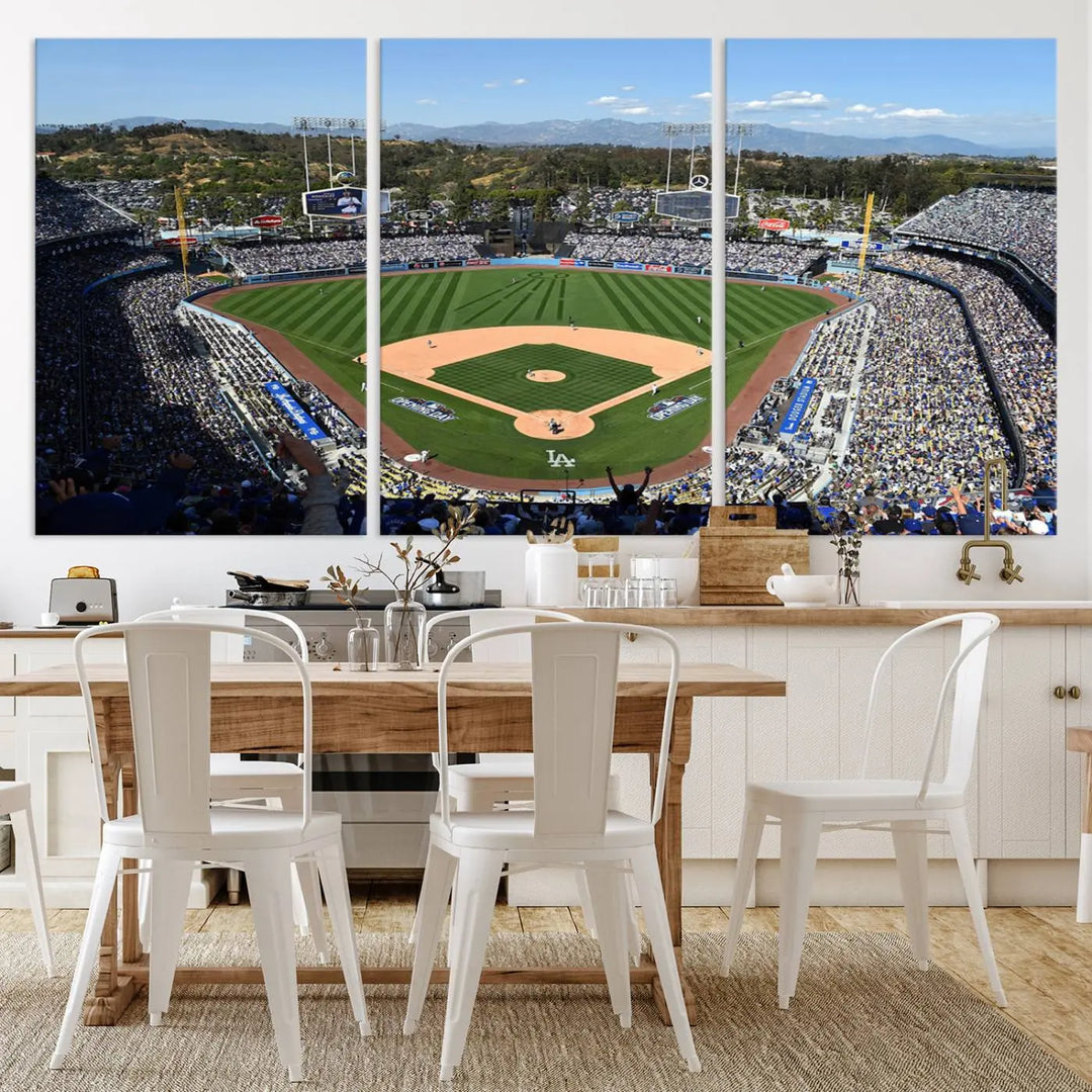 This Los Angeles Dodgers Dodger Stadium Wall Art Canvas Print vividly captures the vibrant atmosphere of a bustling baseball stadium and its lush green field from above. The gallery-quality finish ensures it makes a bold statement.