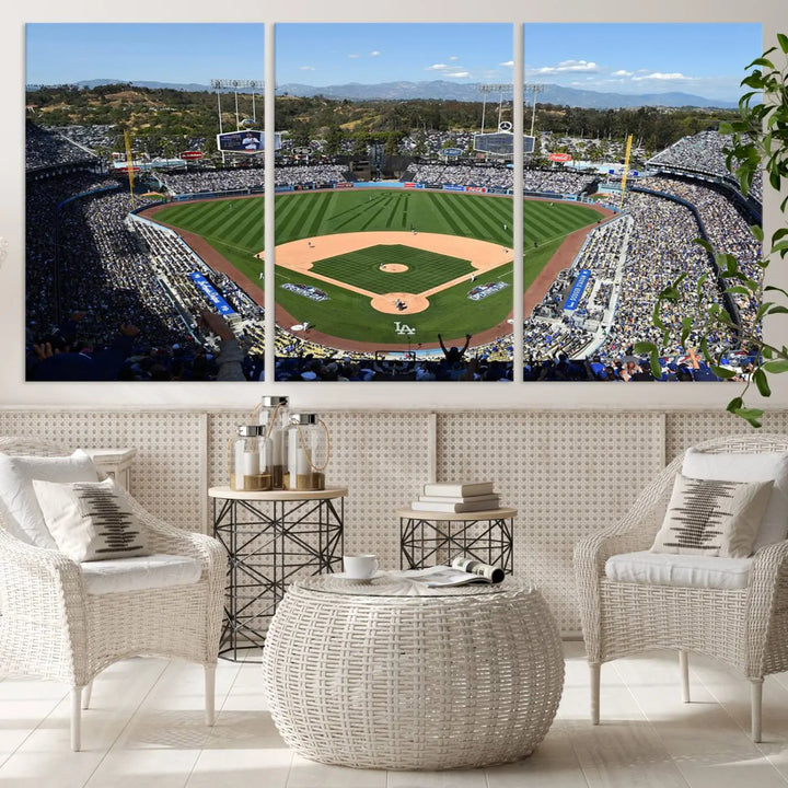 This Los Angeles Dodgers Dodger Stadium Wall Art Canvas Print vividly captures the vibrant atmosphere of a bustling baseball stadium and its lush green field from above. The gallery-quality finish ensures it makes a bold statement.