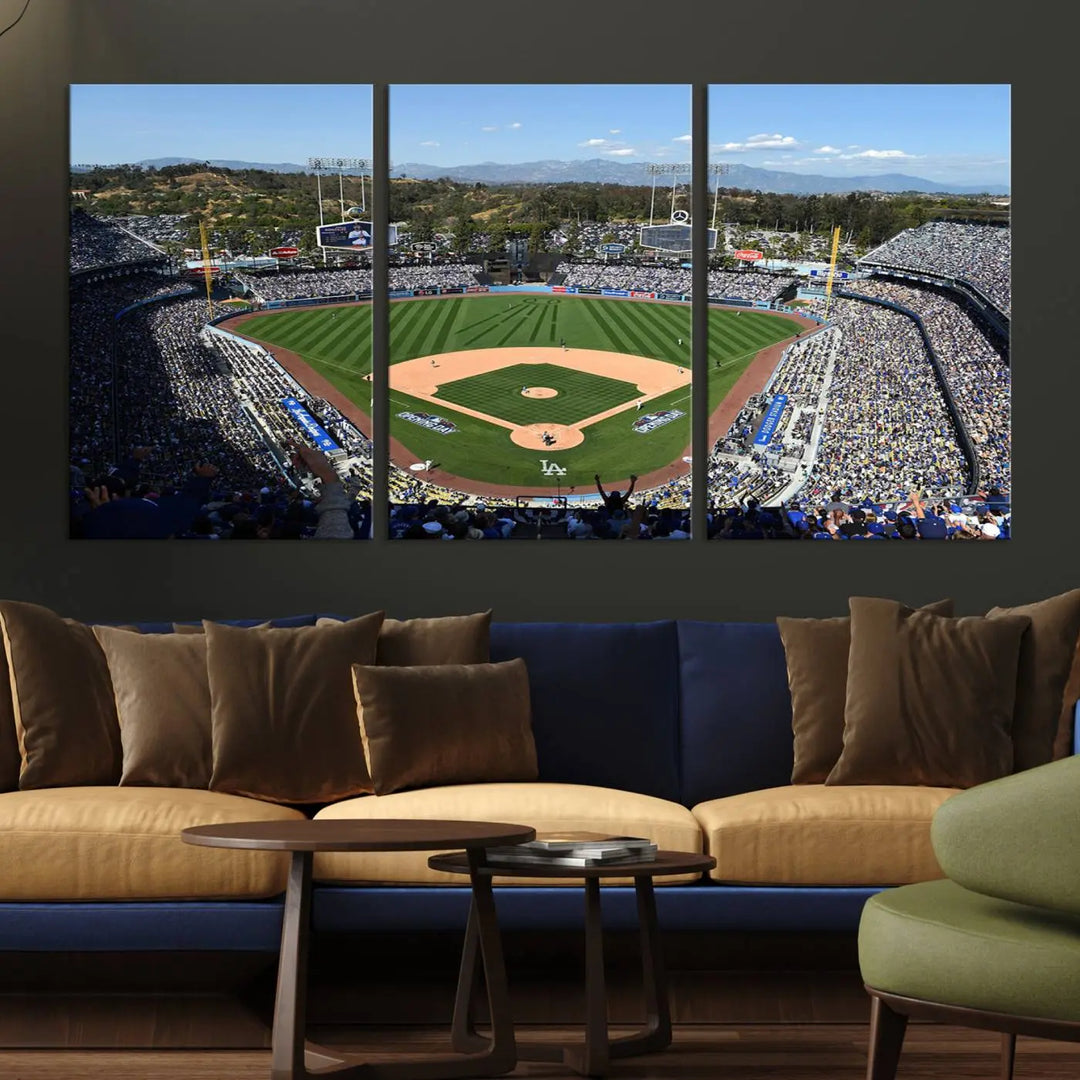 This Los Angeles Dodgers Dodger Stadium Wall Art Canvas Print vividly captures the vibrant atmosphere of a bustling baseball stadium and its lush green field from above. The gallery-quality finish ensures it makes a bold statement.