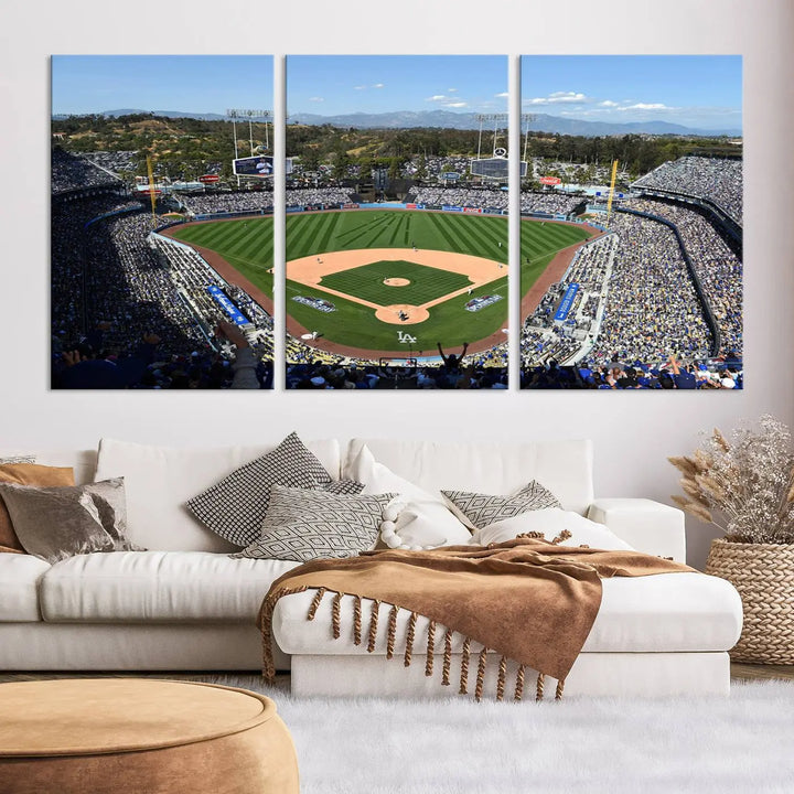 This Los Angeles Dodgers Dodger Stadium Wall Art Canvas Print vividly captures the vibrant atmosphere of a bustling baseball stadium and its lush green field from above. The gallery-quality finish ensures it makes a bold statement.