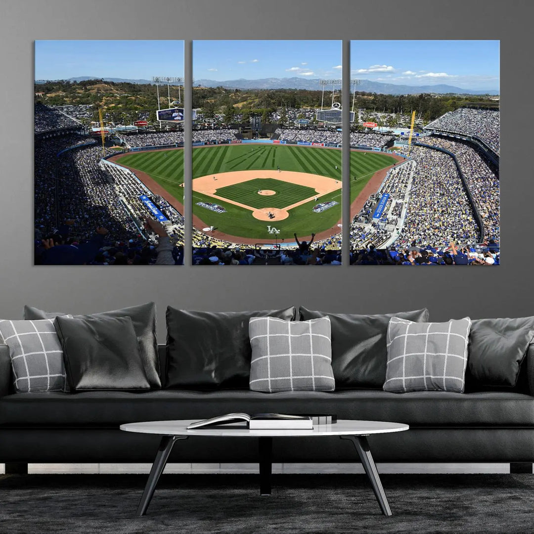 This Los Angeles Dodgers Dodger Stadium Wall Art Canvas Print vividly captures the vibrant atmosphere of a bustling baseball stadium and its lush green field from above. The gallery-quality finish ensures it makes a bold statement.