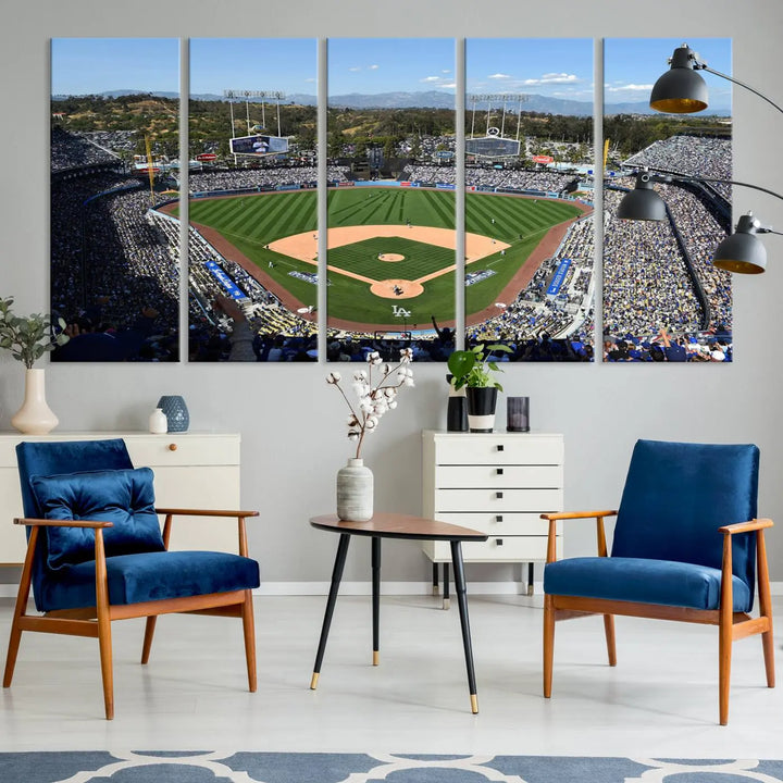 This Los Angeles Dodgers Dodger Stadium Wall Art Canvas Print vividly captures the vibrant atmosphere of a bustling baseball stadium and its lush green field from above. The gallery-quality finish ensures it makes a bold statement.