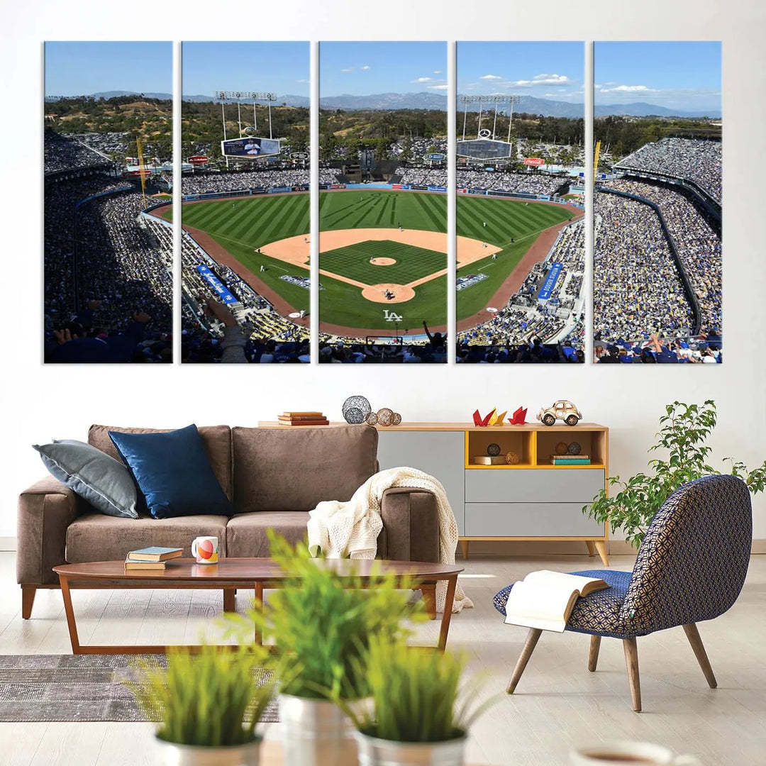 This Los Angeles Dodgers Dodger Stadium Wall Art Canvas Print vividly captures the vibrant atmosphere of a bustling baseball stadium and its lush green field from above. The gallery-quality finish ensures it makes a bold statement.