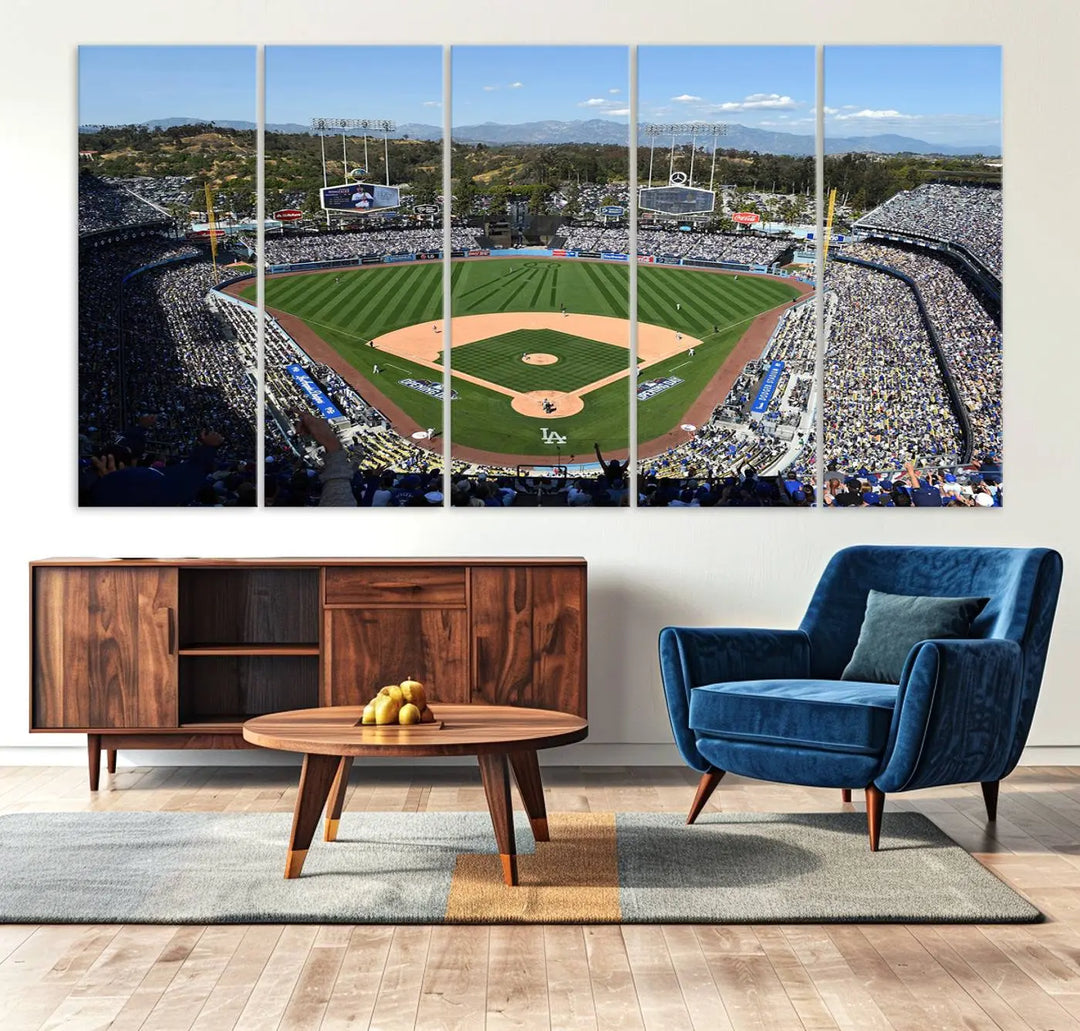 This Los Angeles Dodgers Dodger Stadium Wall Art Canvas Print vividly captures the vibrant atmosphere of a bustling baseball stadium and its lush green field from above. The gallery-quality finish ensures it makes a bold statement.