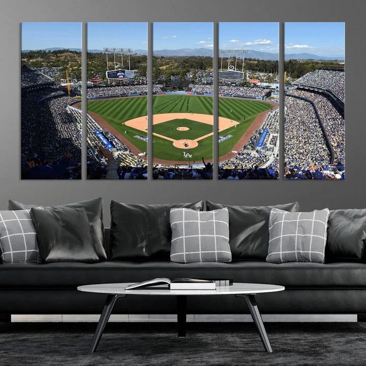 This Los Angeles Dodgers Dodger Stadium Wall Art Canvas Print vividly captures the vibrant atmosphere of a bustling baseball stadium and its lush green field from above. The gallery-quality finish ensures it makes a bold statement.