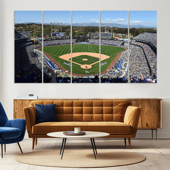 This Los Angeles Dodgers Dodger Stadium Wall Art Canvas Print vividly captures the vibrant atmosphere of a bustling baseball stadium and its lush green field from above. The gallery-quality finish ensures it makes a bold statement.