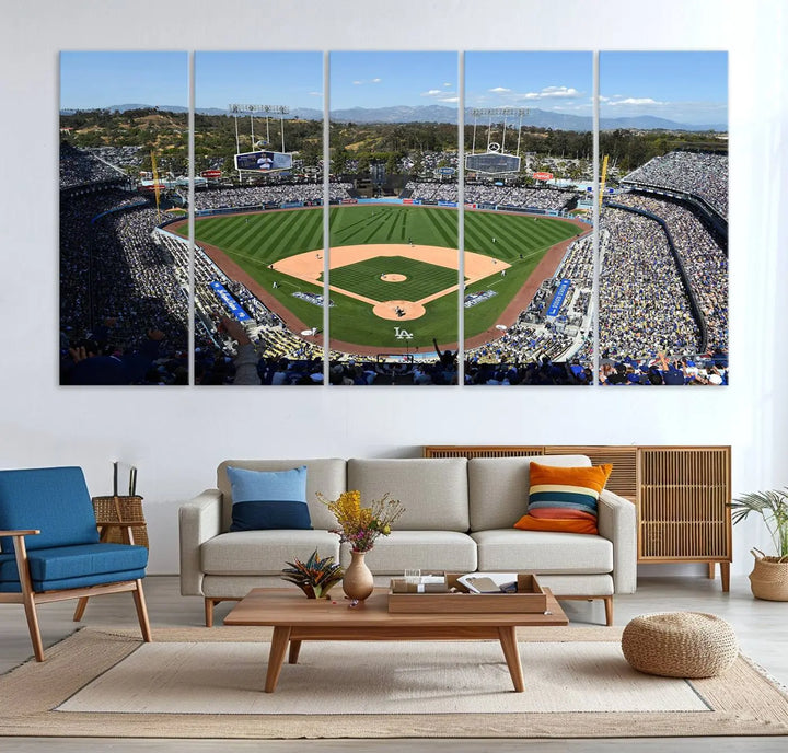 This Los Angeles Dodgers Dodger Stadium Wall Art Canvas Print vividly captures the vibrant atmosphere of a bustling baseball stadium and its lush green field from above. The gallery-quality finish ensures it makes a bold statement.