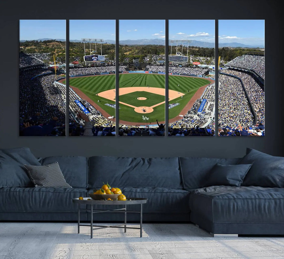 This Los Angeles Dodgers Dodger Stadium Wall Art Canvas Print vividly captures the vibrant atmosphere of a bustling baseball stadium and its lush green field from above. The gallery-quality finish ensures it makes a bold statement.