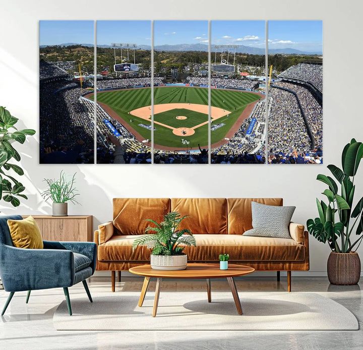 This Los Angeles Dodgers Dodger Stadium Wall Art Canvas Print vividly captures the vibrant atmosphere of a bustling baseball stadium and its lush green field from above. The gallery-quality finish ensures it makes a bold statement.