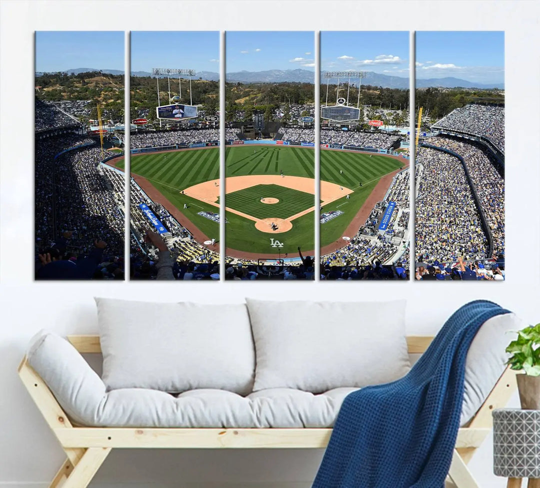 This Los Angeles Dodgers Dodger Stadium Wall Art Canvas Print vividly captures the vibrant atmosphere of a bustling baseball stadium and its lush green field from above. The gallery-quality finish ensures it makes a bold statement.