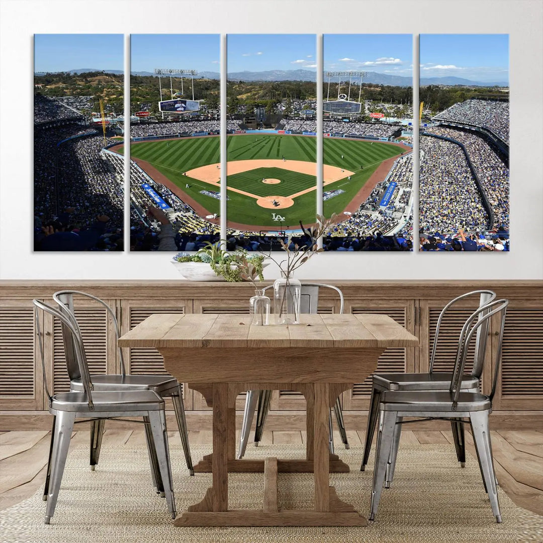 This Los Angeles Dodgers Dodger Stadium Wall Art Canvas Print vividly captures the vibrant atmosphere of a bustling baseball stadium and its lush green field from above. The gallery-quality finish ensures it makes a bold statement.