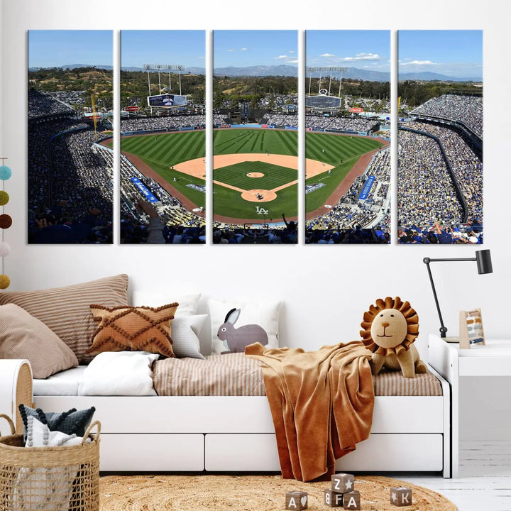 This Los Angeles Dodgers Dodger Stadium Wall Art Canvas Print vividly captures the vibrant atmosphere of a bustling baseball stadium and its lush green field from above. The gallery-quality finish ensures it makes a bold statement.