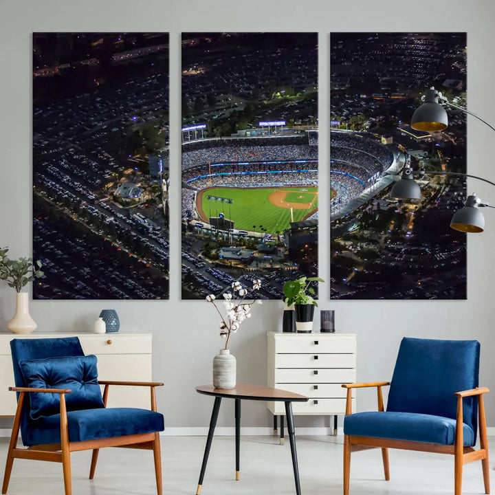 A stunning triptych of Dodger Stadium, captured in a brightly lit aerial view at night, adorns the wall. This Los Angeles Dodgers wall art is crafted with a gallery-quality finish on premium canvas.