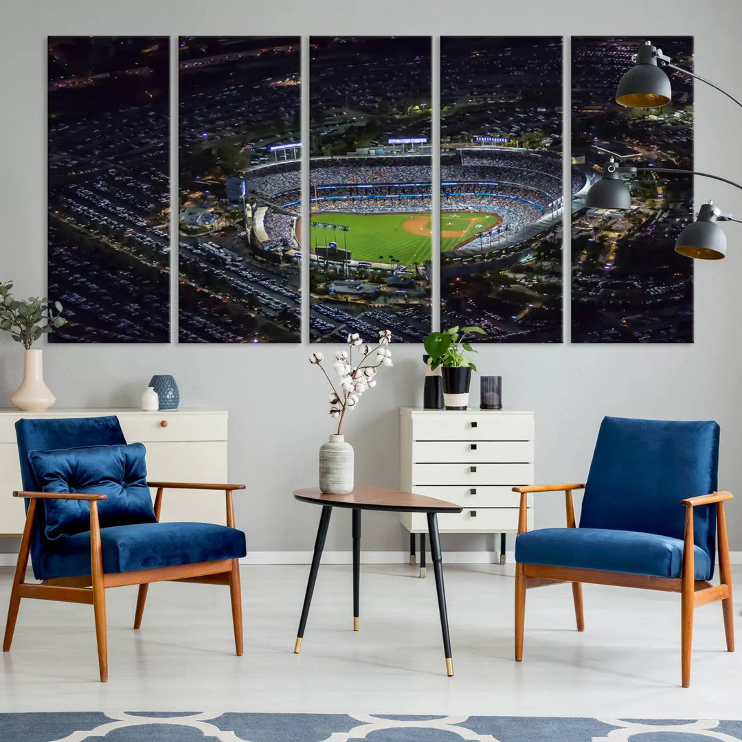 A stunning triptych of Dodger Stadium, captured in a brightly lit aerial view at night, adorns the wall. This Los Angeles Dodgers wall art is crafted with a gallery-quality finish on premium canvas.