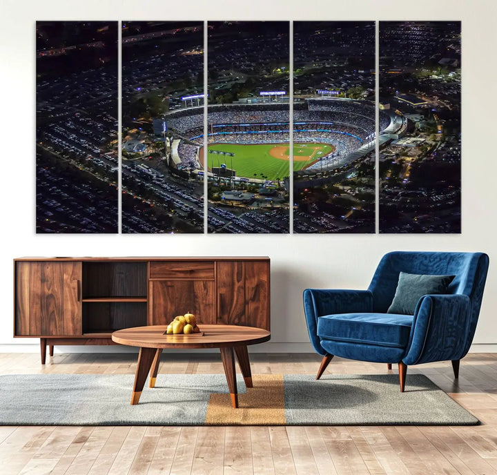 A stunning triptych of Dodger Stadium, captured in a brightly lit aerial view at night, adorns the wall. This Los Angeles Dodgers wall art is crafted with a gallery-quality finish on premium canvas.