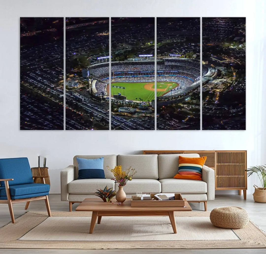 A stunning triptych of Dodger Stadium, captured in a brightly lit aerial view at night, adorns the wall. This Los Angeles Dodgers wall art is crafted with a gallery-quality finish on premium canvas.