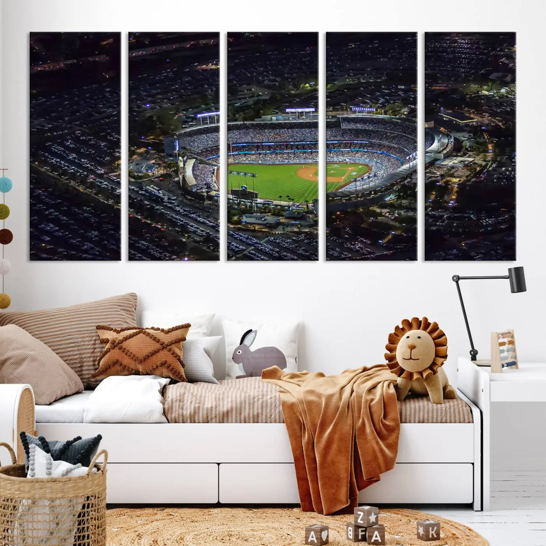 A stunning triptych of Dodger Stadium, captured in a brightly lit aerial view at night, adorns the wall. This Los Angeles Dodgers wall art is crafted with a gallery-quality finish on premium canvas.