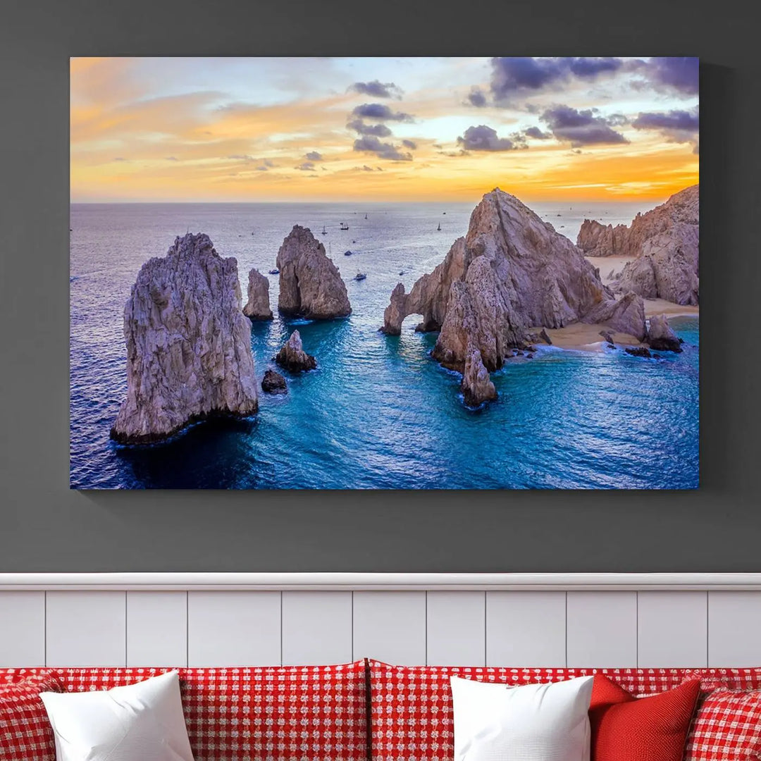 The living room features the Los Cabos San Lucas Ocean Canvas Wall Art Print, showcasing Mexico's Cabo Arch. Made from museum-quality canvases with UV-protective coating, this triptych wall art depicts a coastal scene at sunset and arrives ready to hang for effortless elegance.