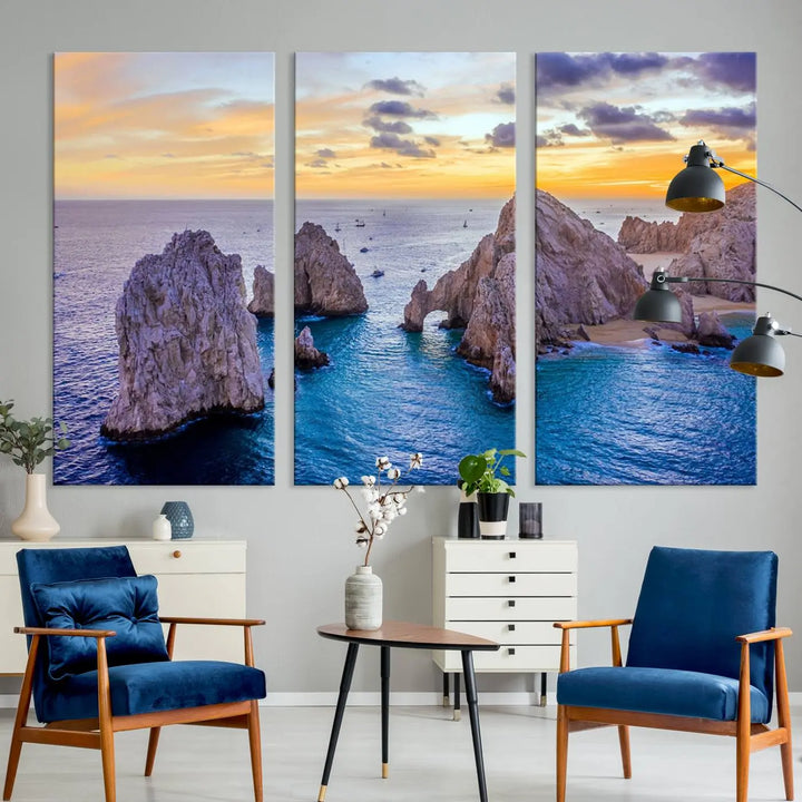 The living room features the Los Cabos San Lucas Ocean Canvas Wall Art Print, showcasing Mexico's Cabo Arch. Made from museum-quality canvases with UV-protective coating, this triptych wall art depicts a coastal scene at sunset and arrives ready to hang for effortless elegance.