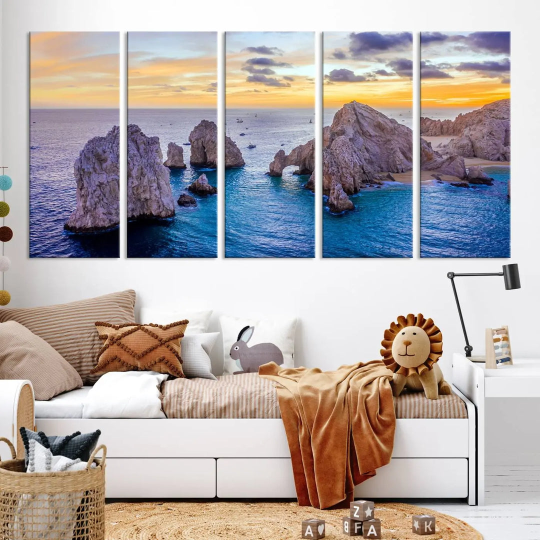 The living room features the Los Cabos San Lucas Ocean Canvas Wall Art Print, showcasing Mexico's Cabo Arch. Made from museum-quality canvases with UV-protective coating, this triptych wall art depicts a coastal scene at sunset and arrives ready to hang for effortless elegance.