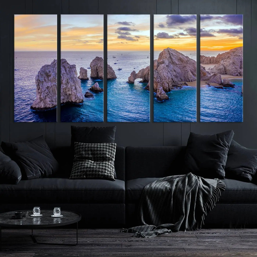 The living room features the Los Cabos San Lucas Ocean Canvas Wall Art Print, showcasing Mexico's Cabo Arch. Made from museum-quality canvases with UV-protective coating, this triptych wall art depicts a coastal scene at sunset and arrives ready to hang for effortless elegance.