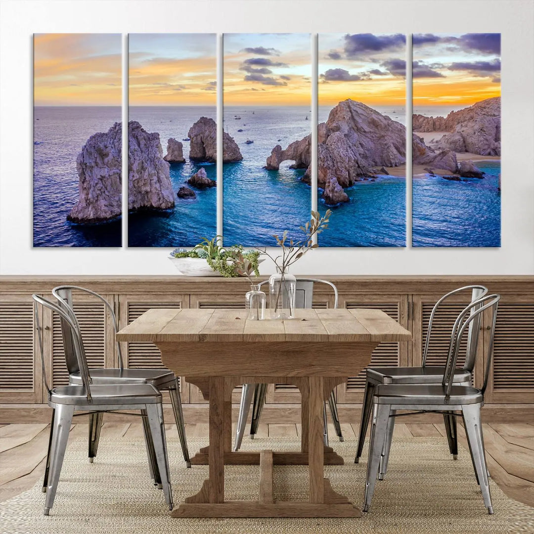 The living room features the Los Cabos San Lucas Ocean Canvas Wall Art Print, showcasing Mexico's Cabo Arch. Made from museum-quality canvases with UV-protective coating, this triptych wall art depicts a coastal scene at sunset and arrives ready to hang for effortless elegance.