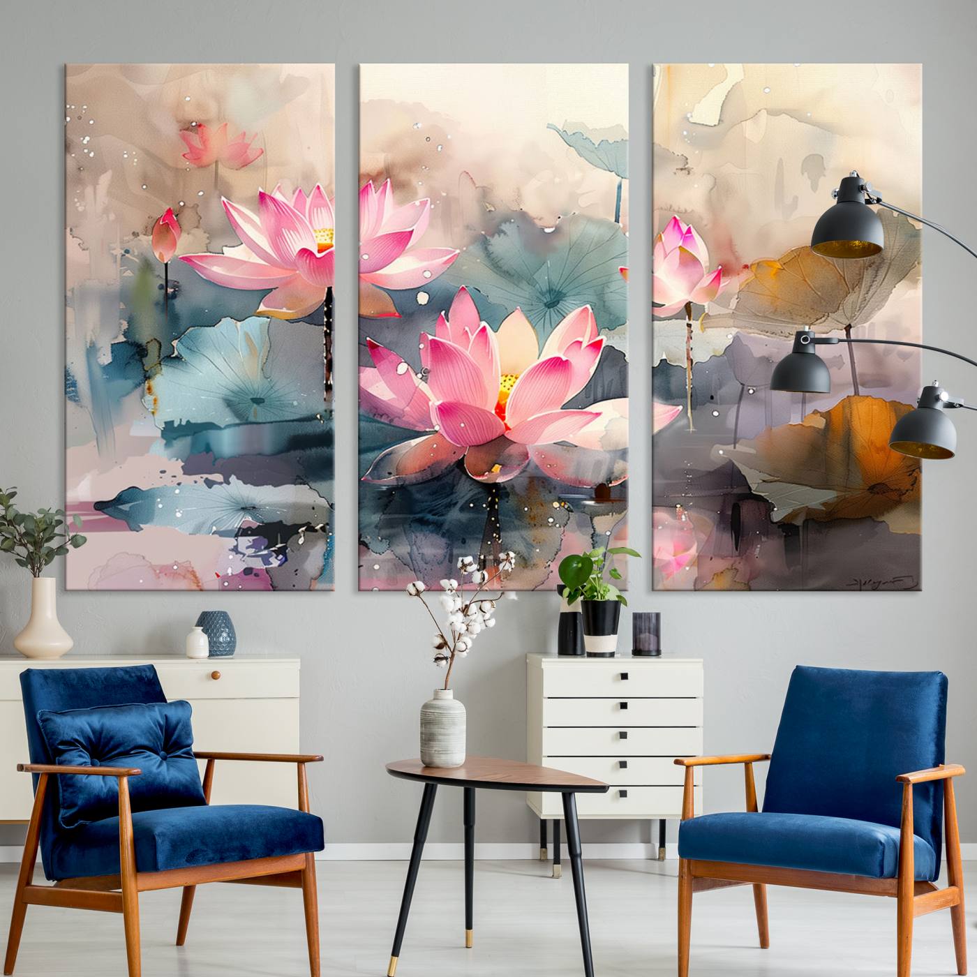 27936-MGV-CV-36X24-Lotus Flower Wall Art | 3-Panel Giclee Canvas Print of Pink Lotus Blossoms for Living Room, Bedroom, Office | Framed Lotus Floral Wall Art