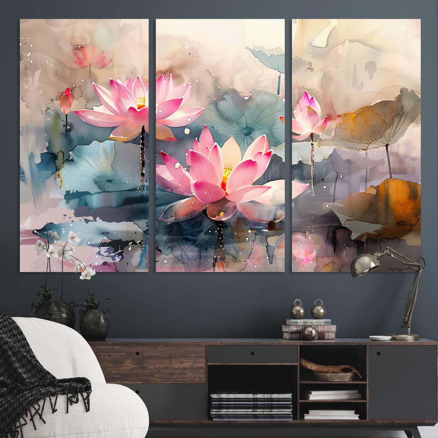 27936-MGV-CV-48X32-3P-Lotus Flower Wall Art | 3-Panel Giclee Canvas Print of Pink Lotus Blossoms for Living Room, Bedroom, Office | Framed Lotus Floral Wall Art
