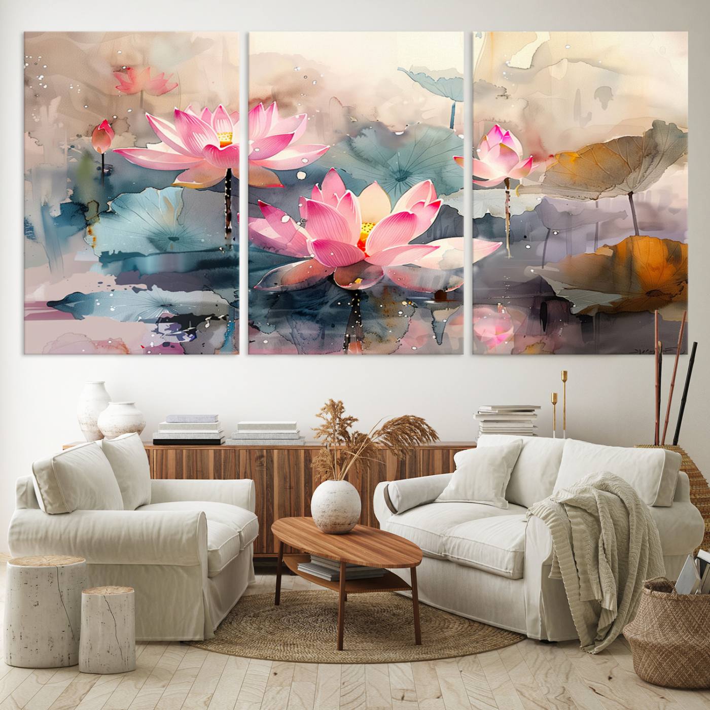 27936-MGV-CV-60X30-3P-Lotus Flower Wall Art | 3-Panel Giclee Canvas Print of Pink Lotus Blossoms for Living Room, Bedroom, Office | Framed Lotus Floral Wall Art
